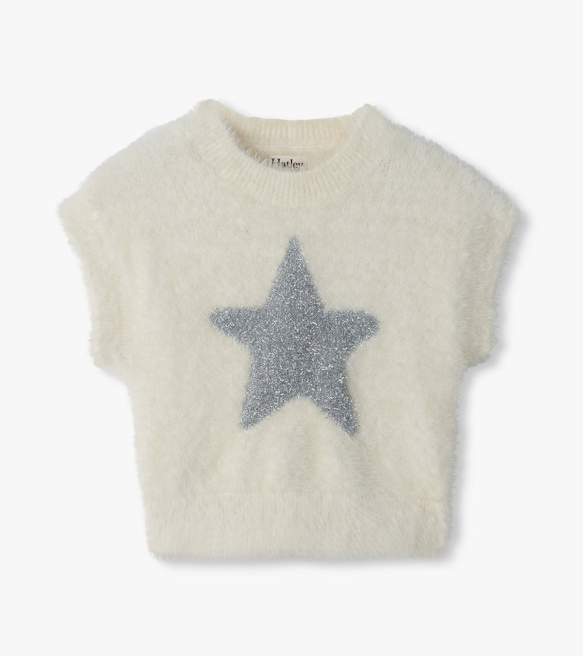 Front view of cream fuzzy sweater vest with ribbed crewneck and large silver star on the chest