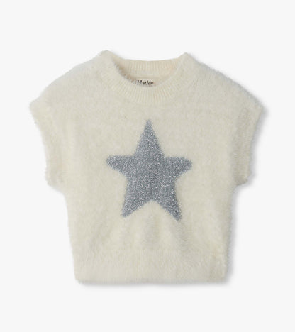 Front view of cream fuzzy sweater vest with ribbed crewneck and large silver star on the chest