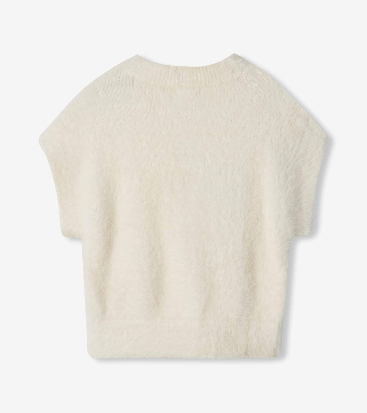 Back view of cream fuzzy sweater vest with ribbed crewneck and short cap sleeves