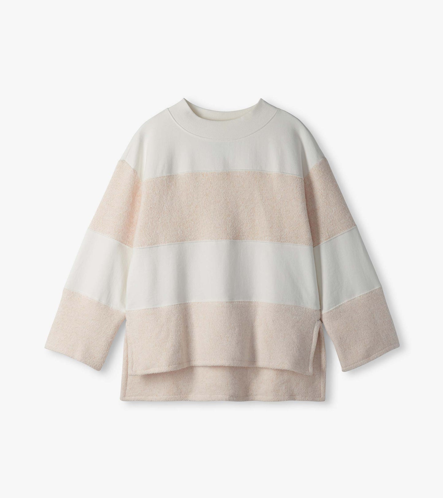 Oatmeal long sleeve top laid flat with mock neck, wide sleeves, and textured horizontal stripe panels