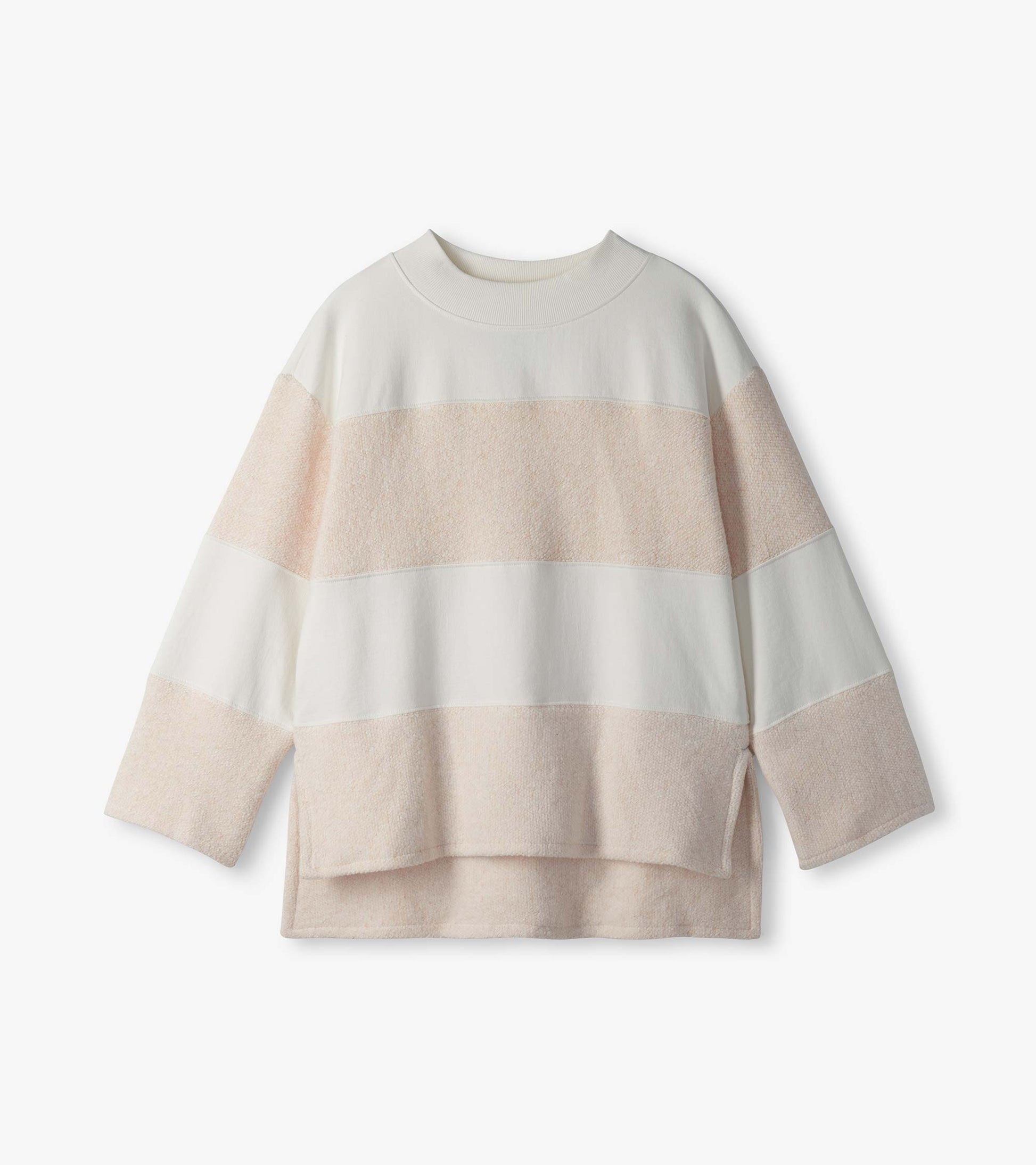 Oatmeal long sleeve top laid flat with mock neck, wide sleeves, and textured horizontal stripe panels