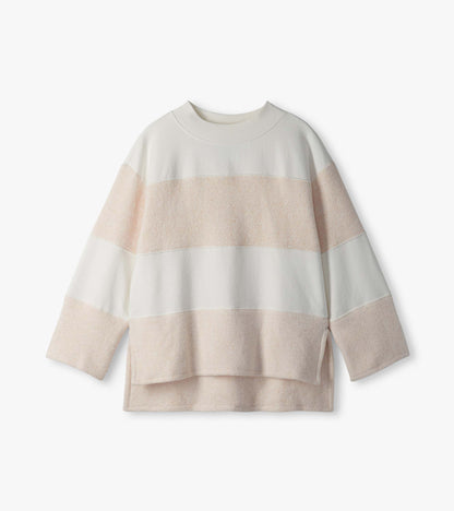Oatmeal long sleeve top laid flat with mock neck, wide sleeves, and textured horizontal stripe panels