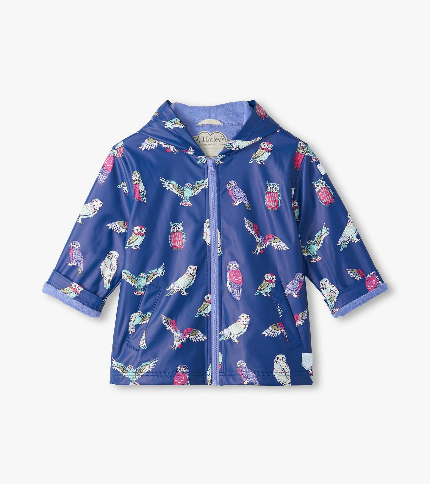 Front view of kids' blue hooded rain coat with colorful owl print, zip front, patch pockets, and rolled cuffs