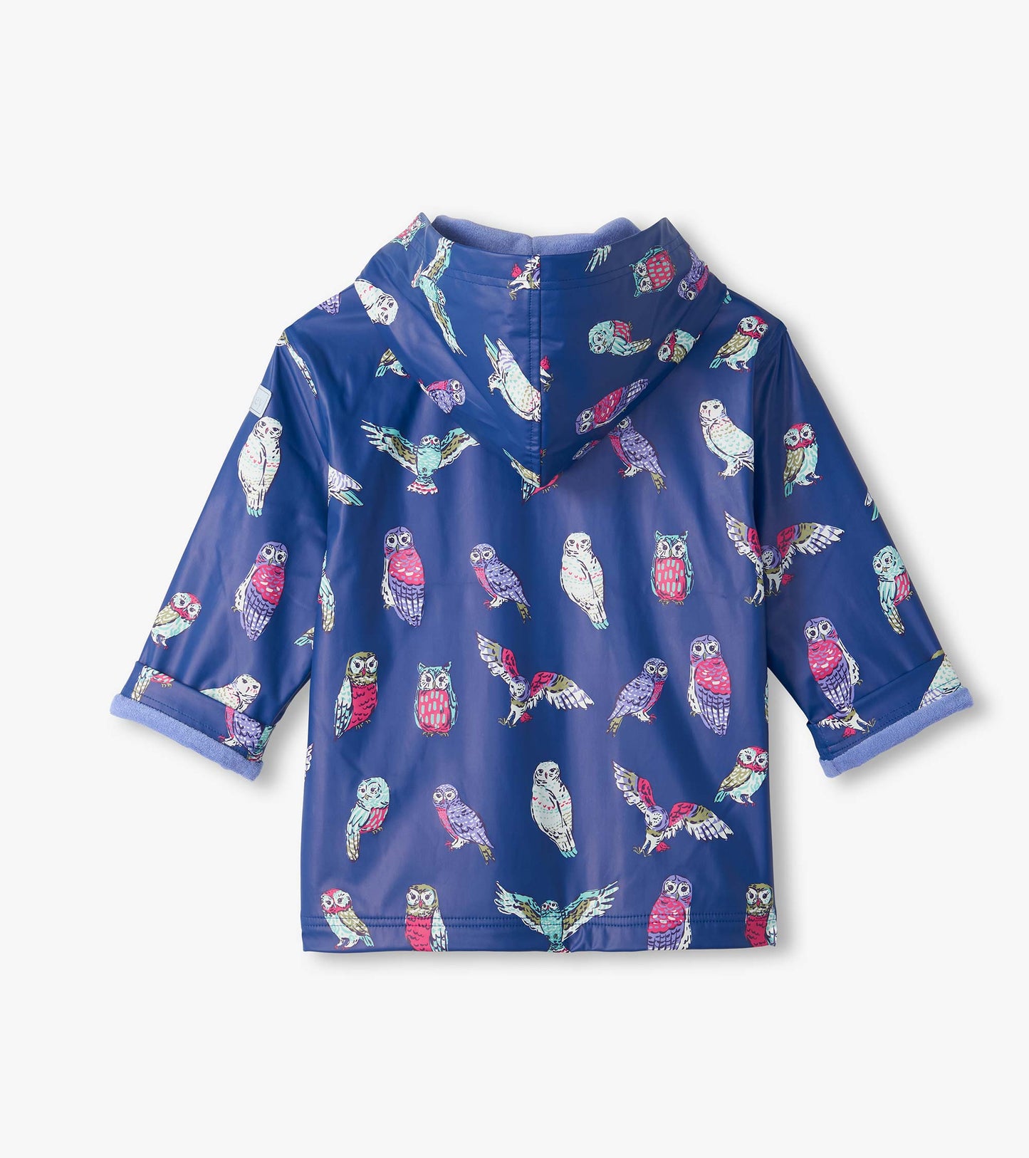 Back view of kids' blue hooded rain coat with colorful owl print and rolled cuffs