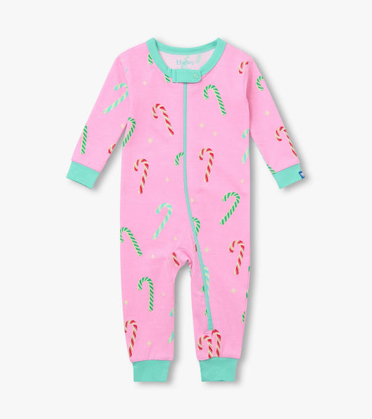 Front view of pink baby sleeper with candy cane print, mint trim, long sleeves, and full zip closure