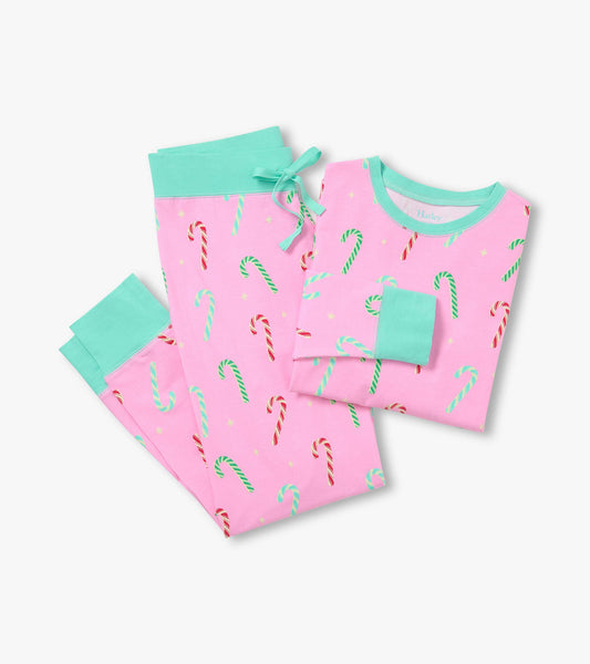 Pink candy cane pajama set with mint trim, drawstring pants, and long-sleeve top folded flat