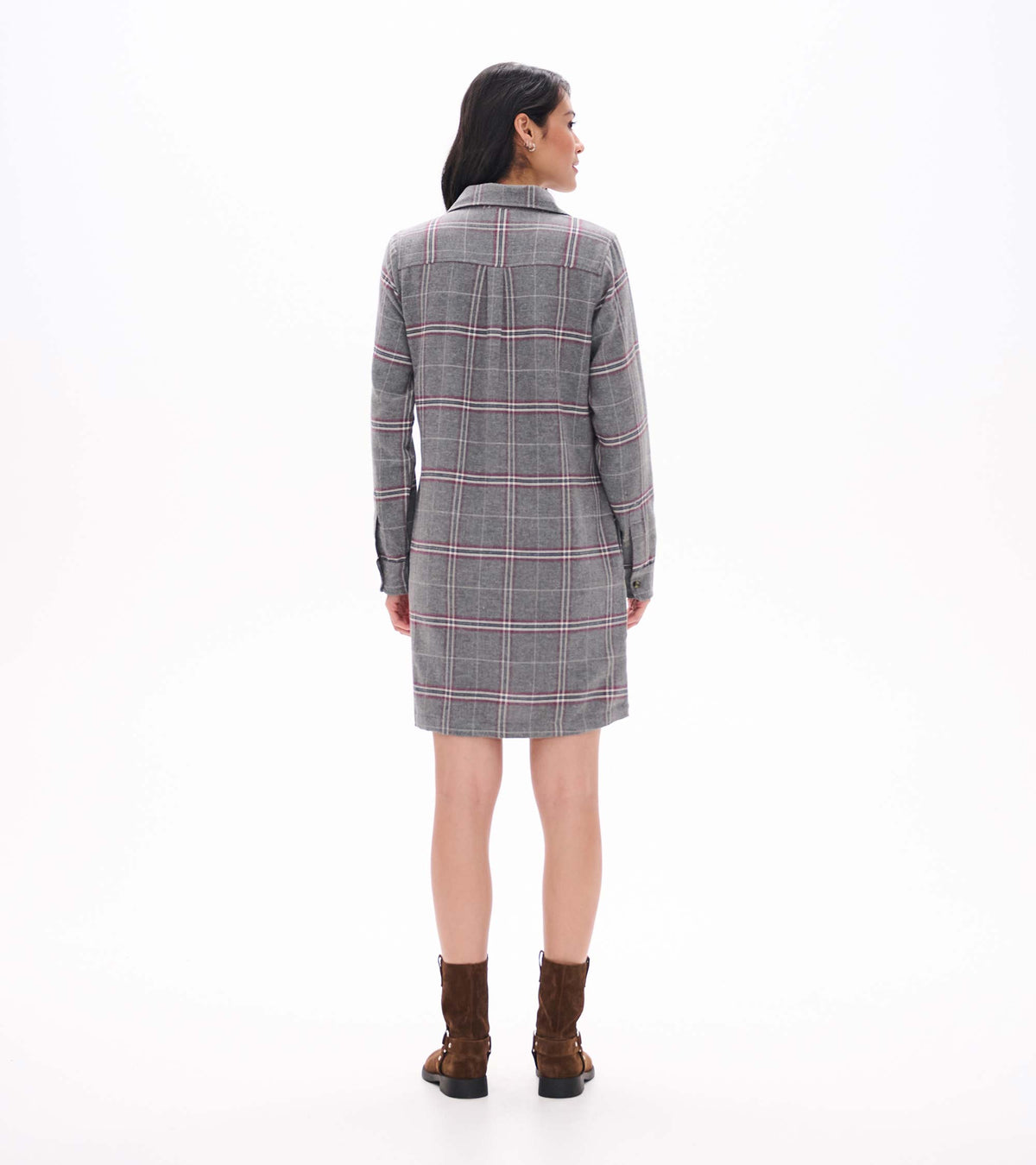 Back view of gray plaid long sleeve popover dress with collar and knee-length straight silhouette