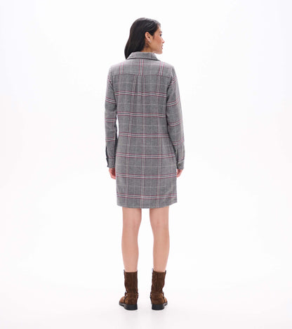 Back view of gray plaid long sleeve popover dress with collar and knee-length straight silhouette