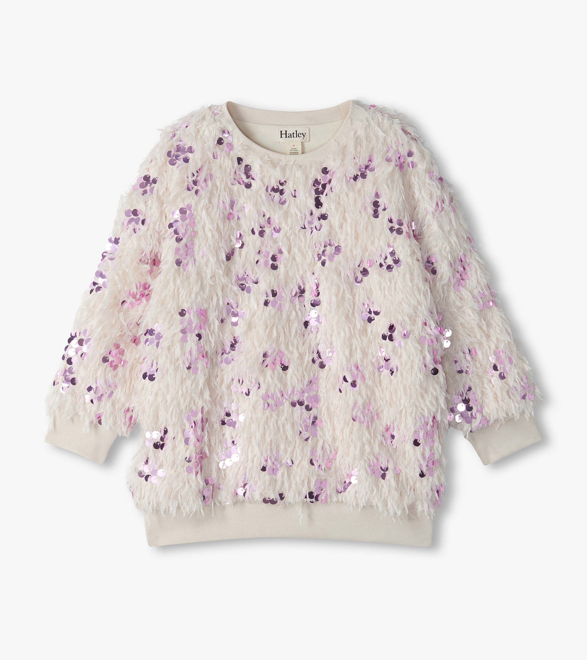 Cream pullover with shaggy feather-like texture, pink sequins, and ribbed cuffs, collar, and hem