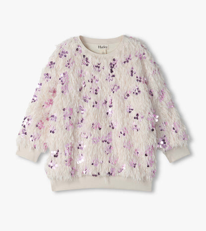 Girls Pink Sequins on Cream Feathers Pullover