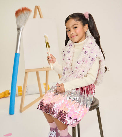 Girls Pink Sequins on Cream Feathers Pullover