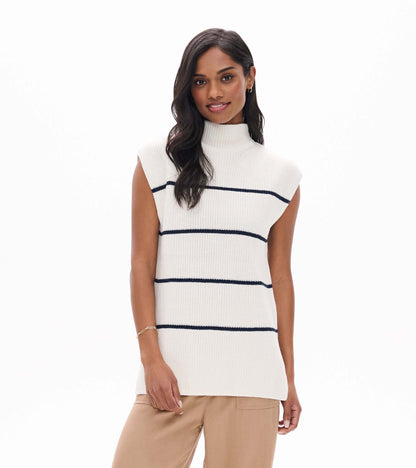 Front view of cream sleeveless sweater tunic with navy horizontal stripes and a mock neck