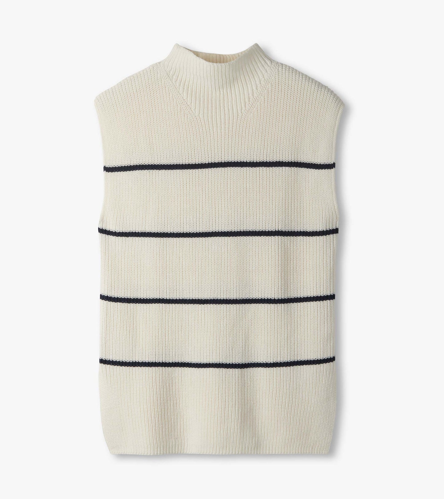 Flat lay of cream sleeveless sweater tunic with navy horizontal stripes and a mock neck