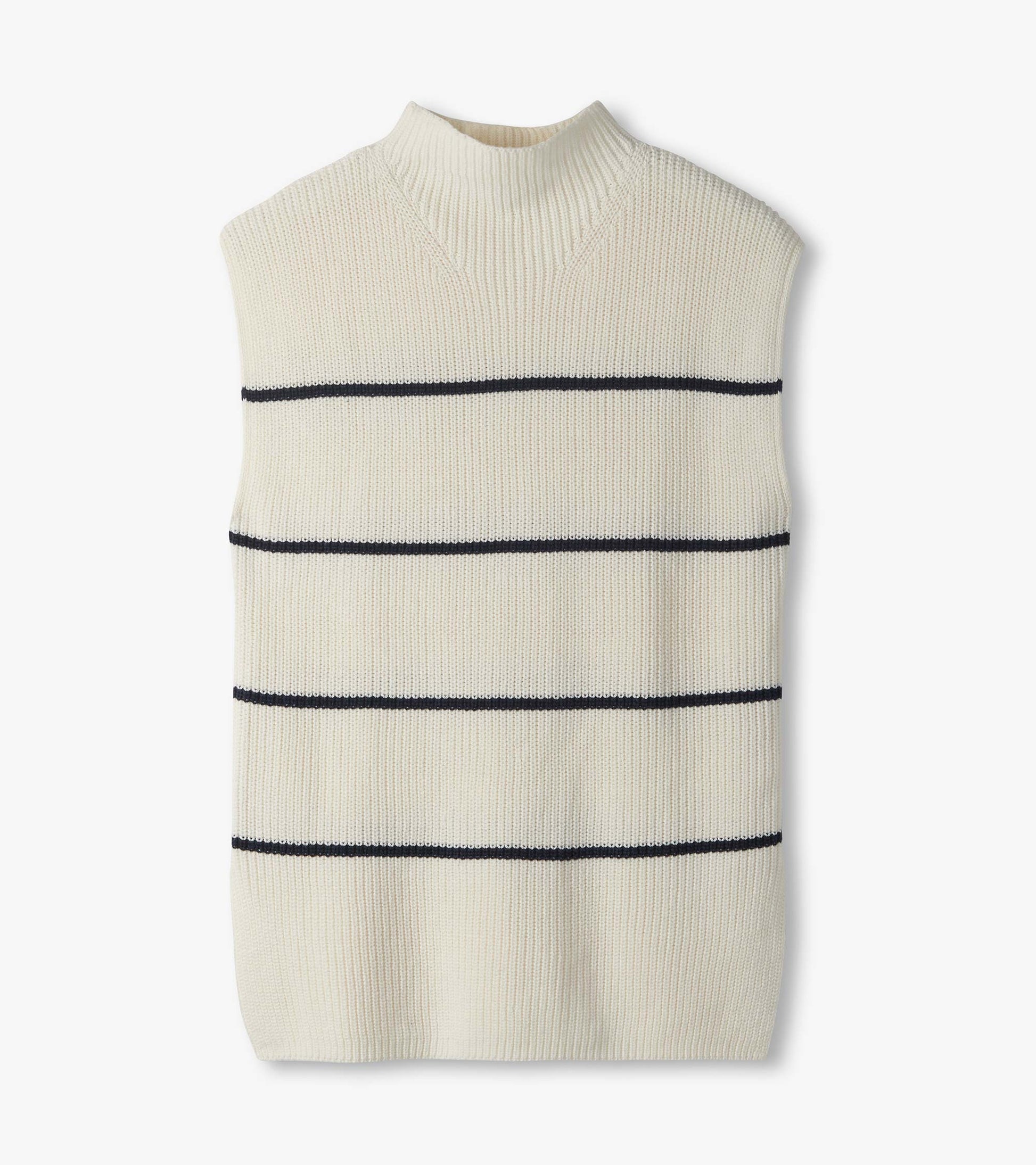 Flat lay of cream sleeveless sweater tunic with navy horizontal stripes and a mock neck