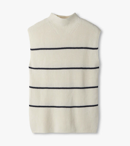 Flat lay of cream sleeveless sweater tunic with navy horizontal stripes and a mock neck