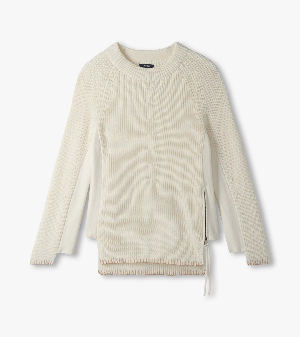 Cream ribbed raglan sweater laid flat with side zips, split hem, and visible Hatley label