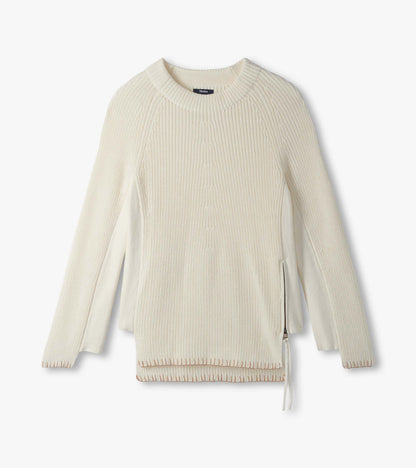 Cream ribbed raglan sweater laid flat with side zips, split hem, and visible Hatley label