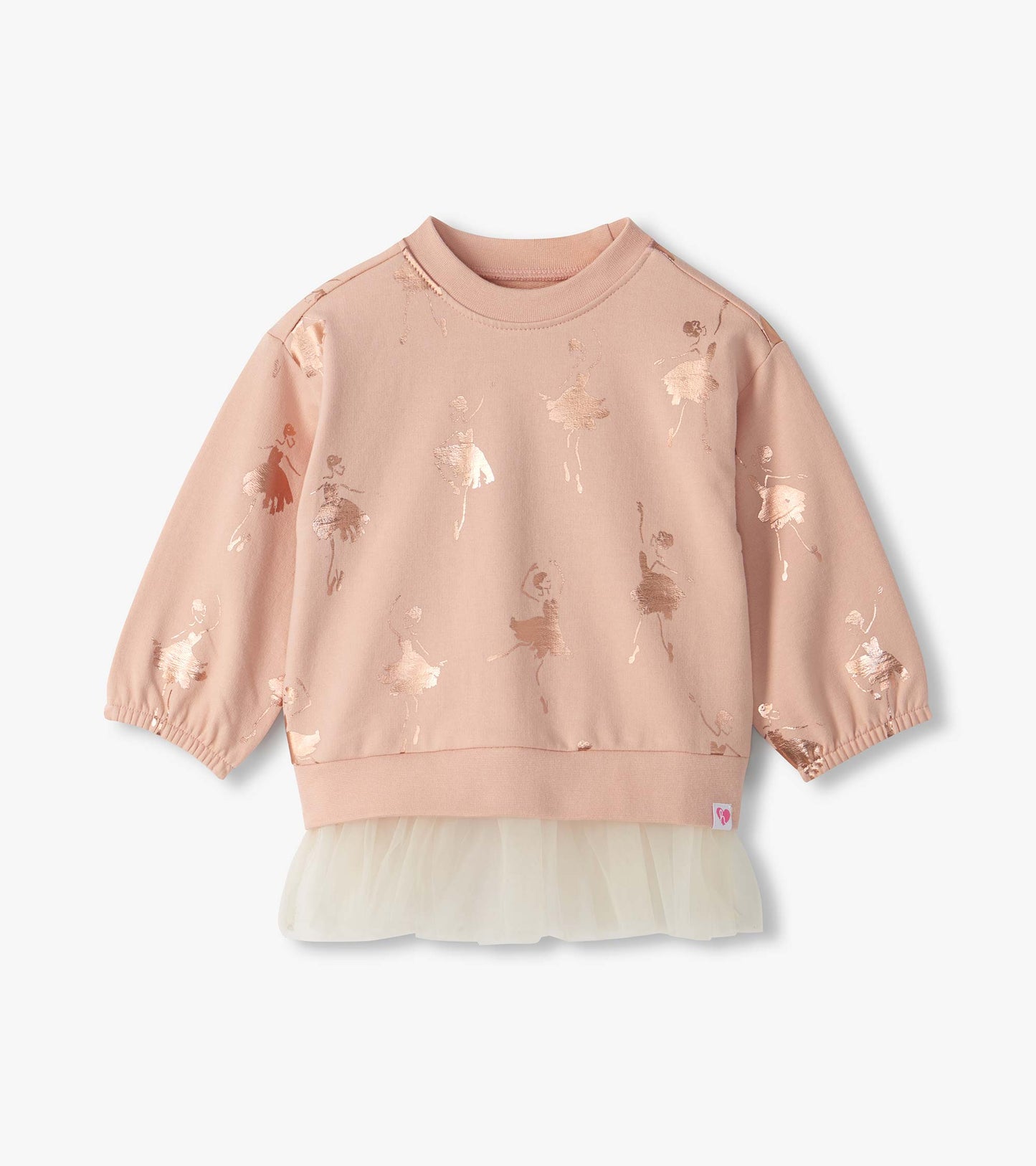 Front view of blush long sleeve top with foil ballerina print and cream tulle hem
