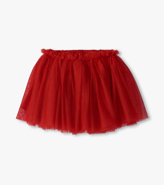 Red puffy tutu skirt with layered tulle and a ruffled elastic waistband, front view
