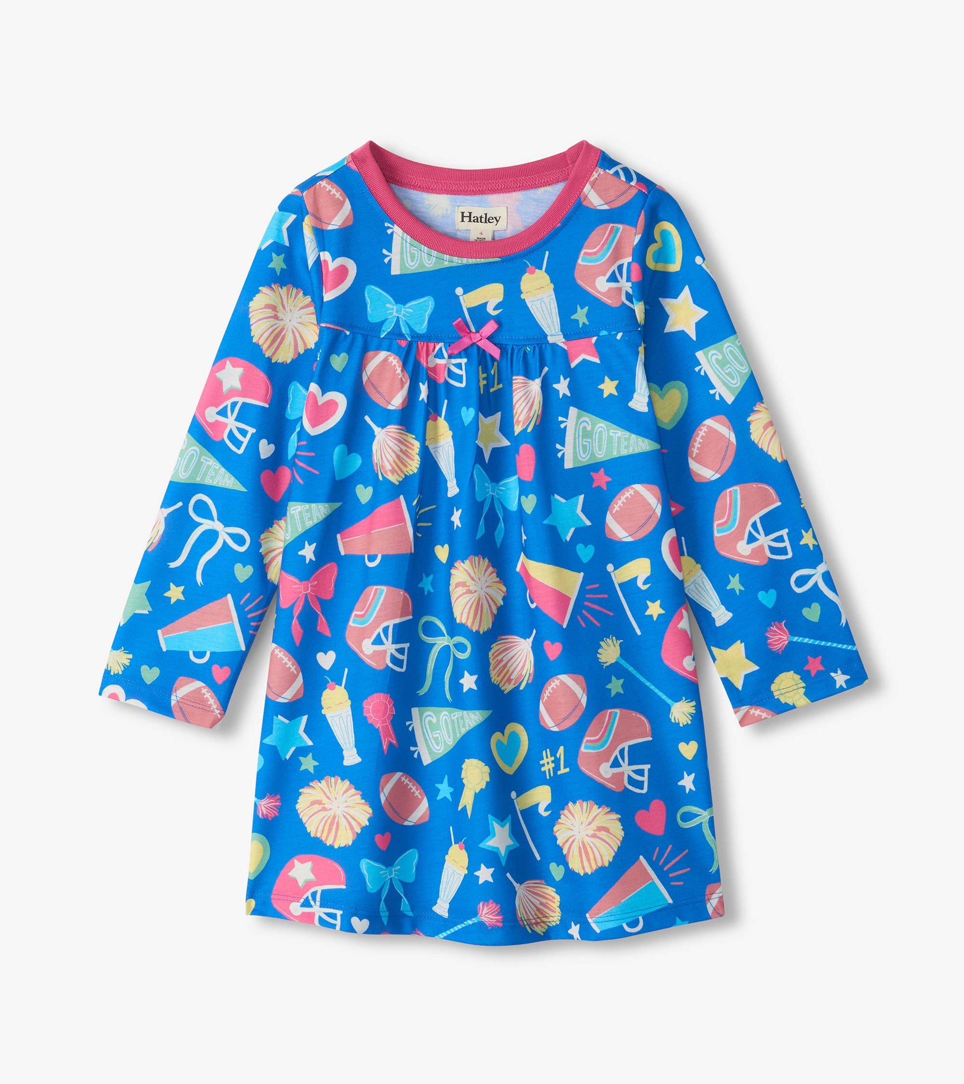 Kids long-sleeve blue nightdress with pink trim and colorful cheer print including helmets, pom-poms, bows, and stars