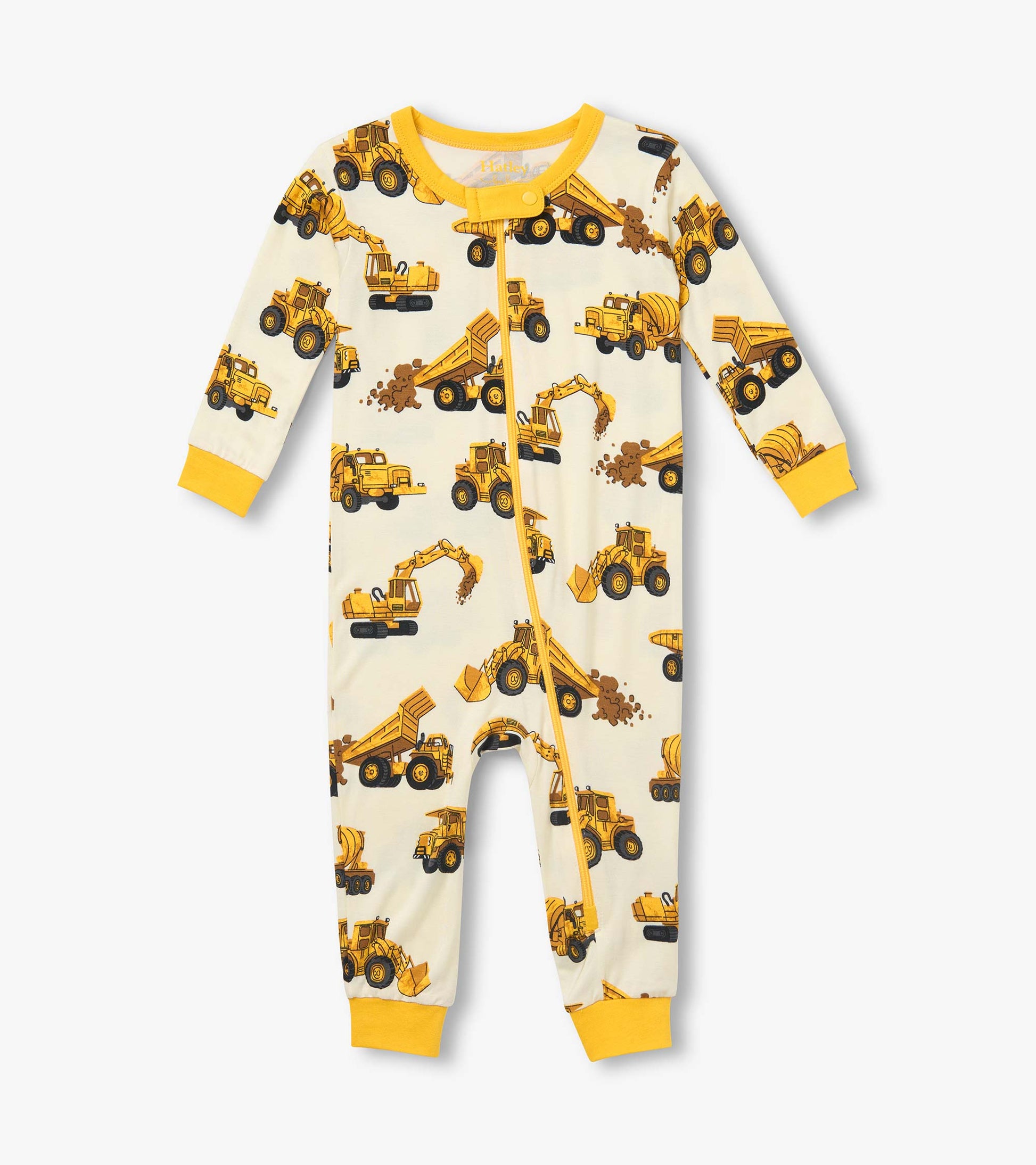 Front view of infant coverall with yellow trim, zip front, and yellow construction truck print