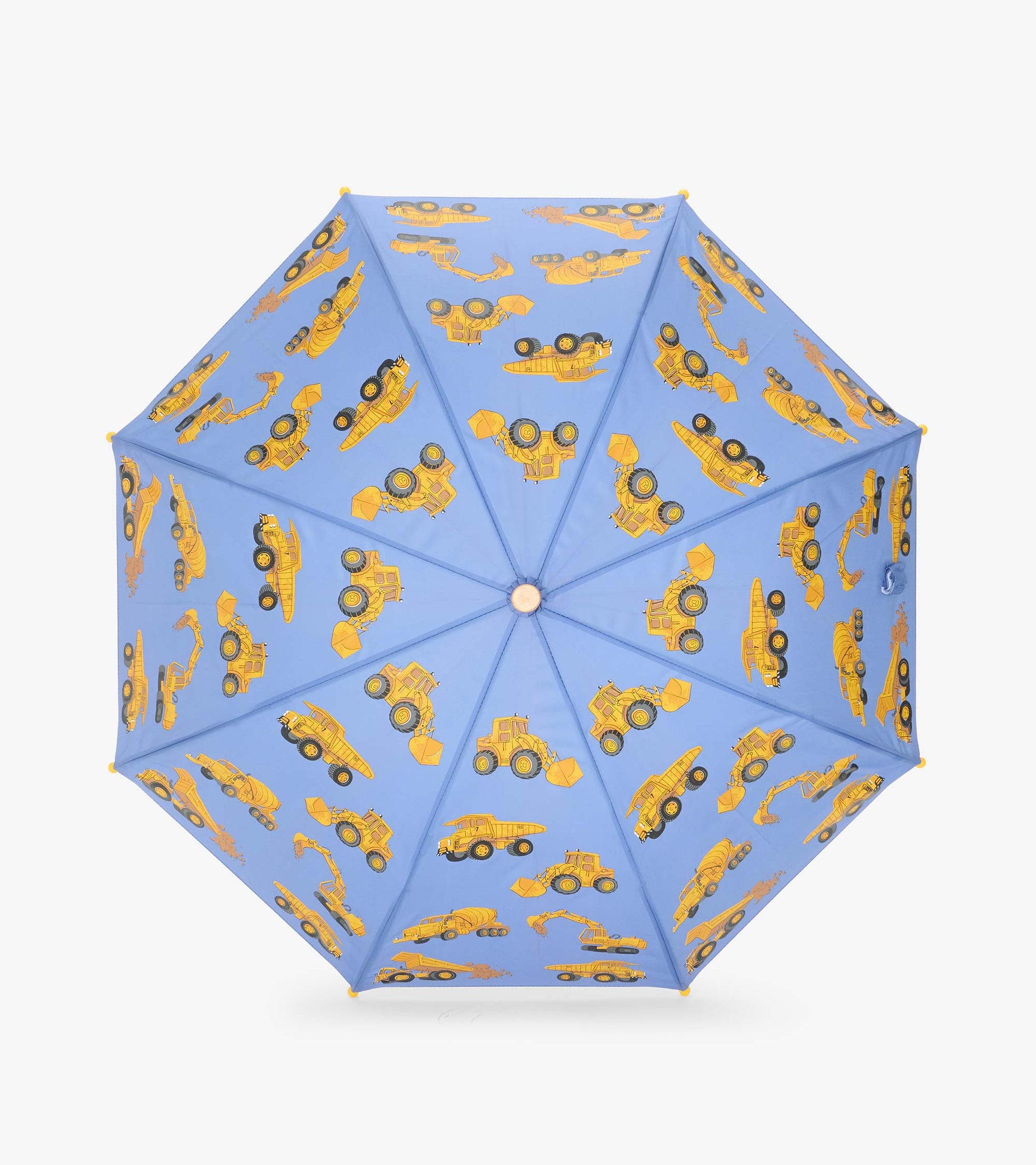Top view of blue umbrella canopy with yellow construction vehicles printed across each panel
