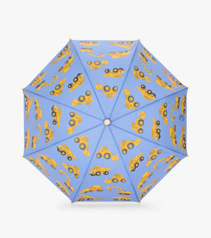 Top view of blue umbrella canopy with yellow construction vehicles printed across each panel