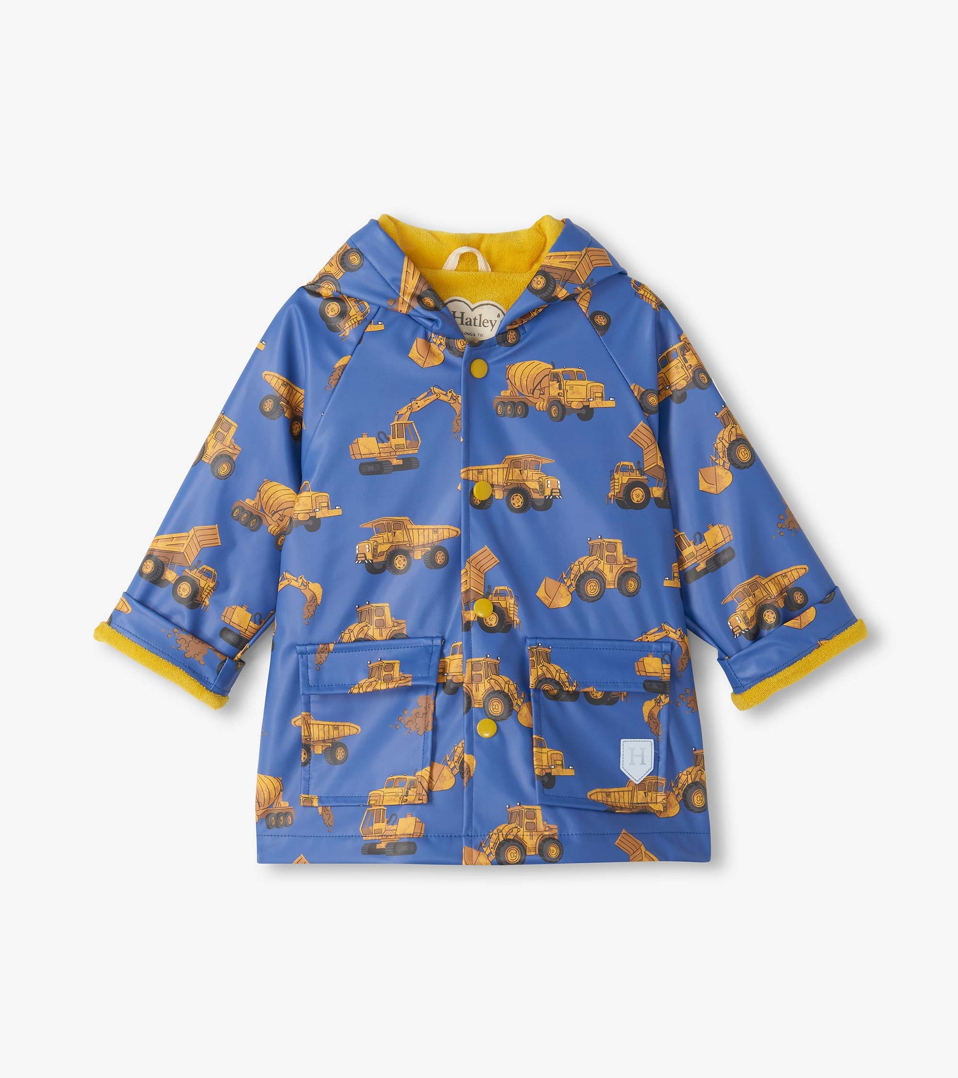 Front view of blue snap rain coat with hood, yellow lining, patch pockets, and construction truck print