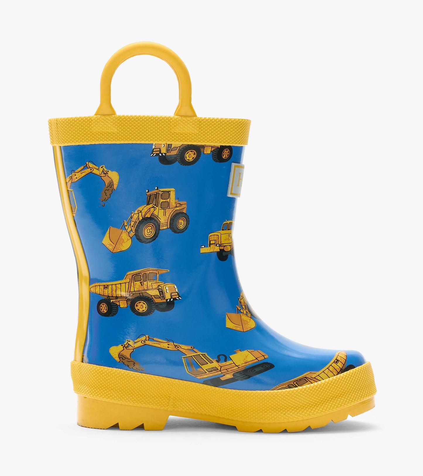 Side view of blue rain boot with yellow handles and yellow construction vehicle print