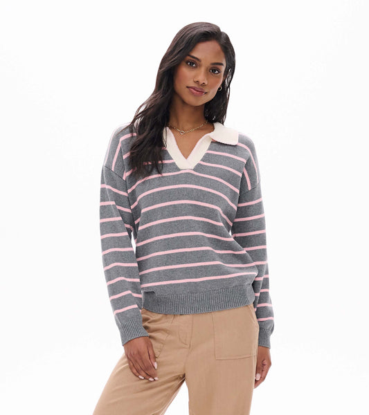 Front view of charcoal striped Johnny collar sweater with pink stripes and cream collar