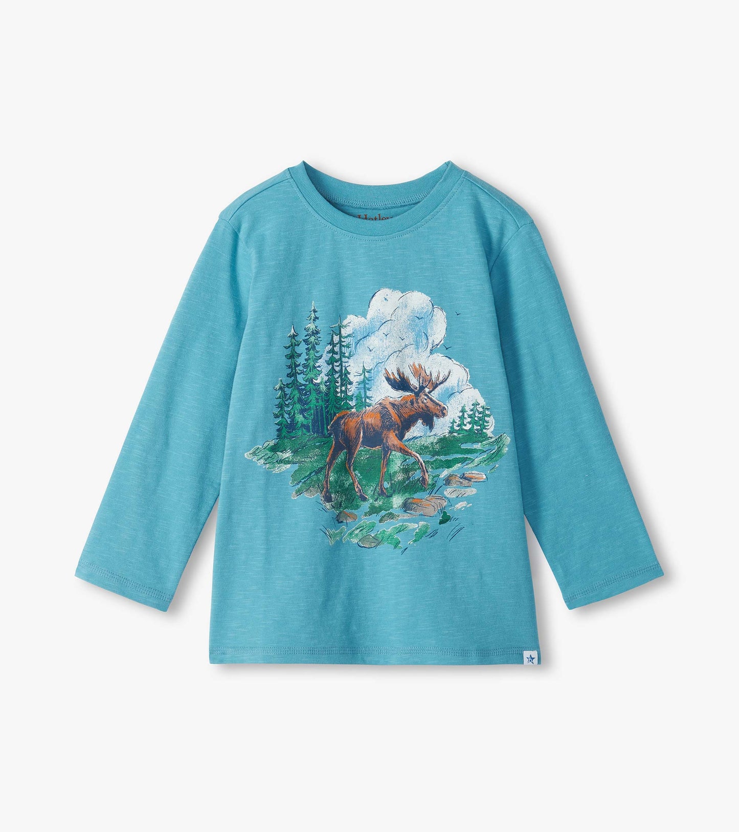 Blue long sleeve crew neck tee with moose and forest scene graphic on the front