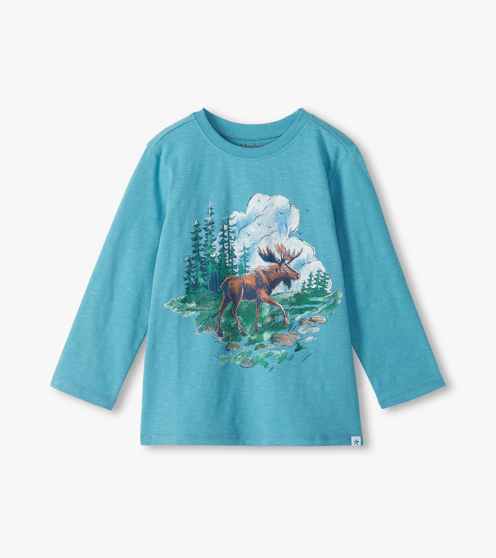 Blue long sleeve crew neck tee with moose and forest scene graphic on the front