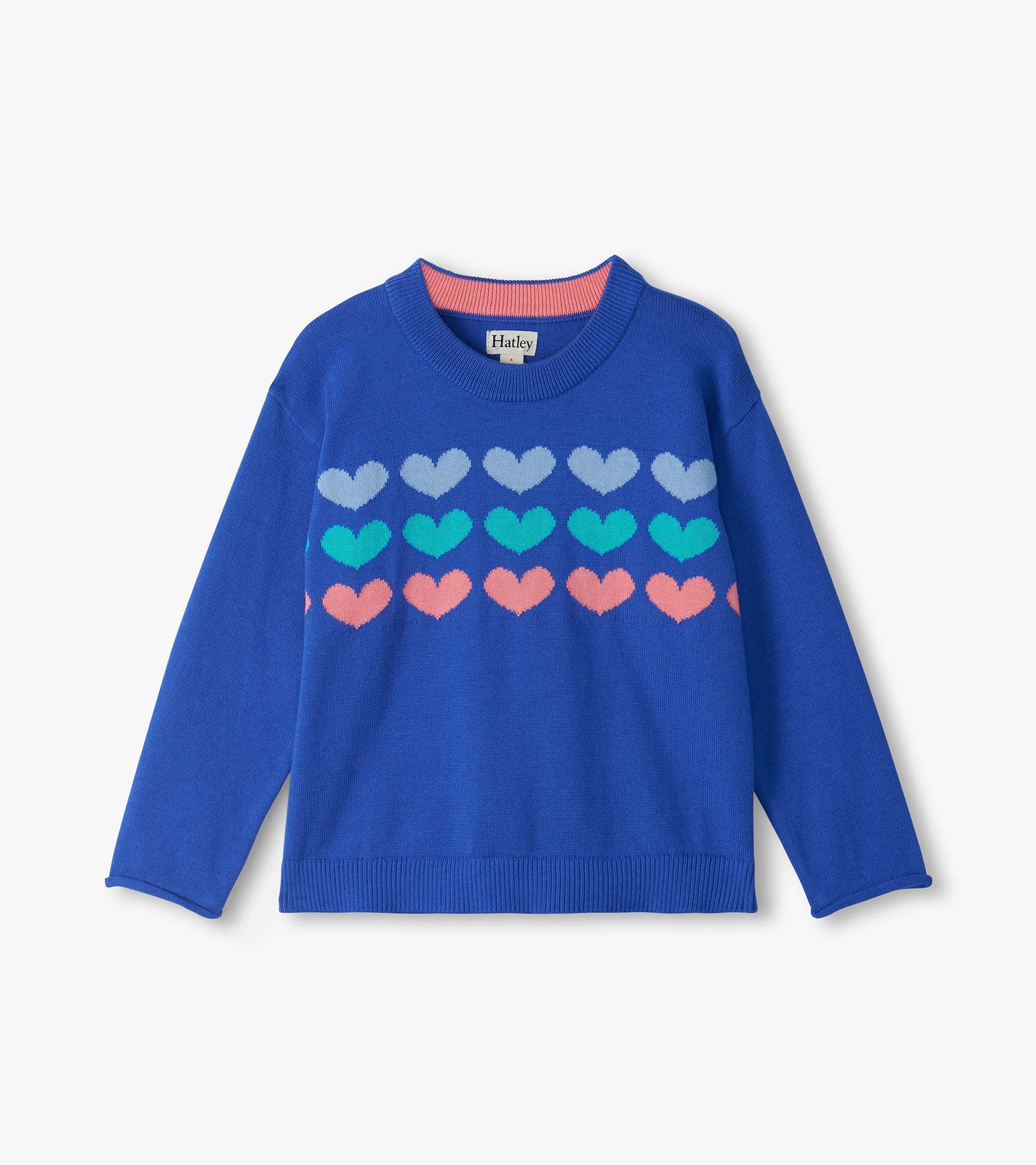 Front view of blue crew neck sweater with rows of pastel heart stripes and long sleeves