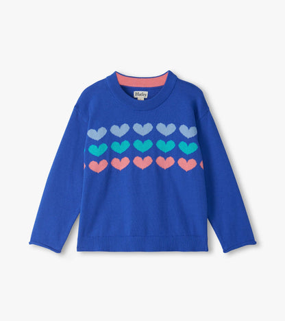 Front view of blue crew neck sweater with rows of pastel heart stripes and long sleeves