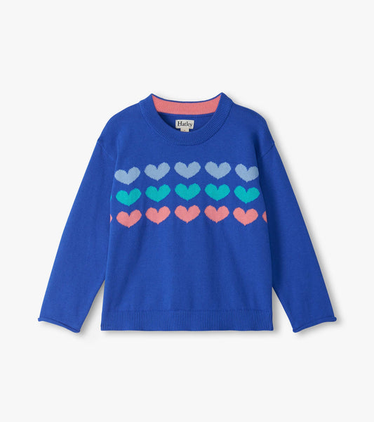 Front view of blue crew neck sweater with rows of pastel heart stripes and long sleeves
