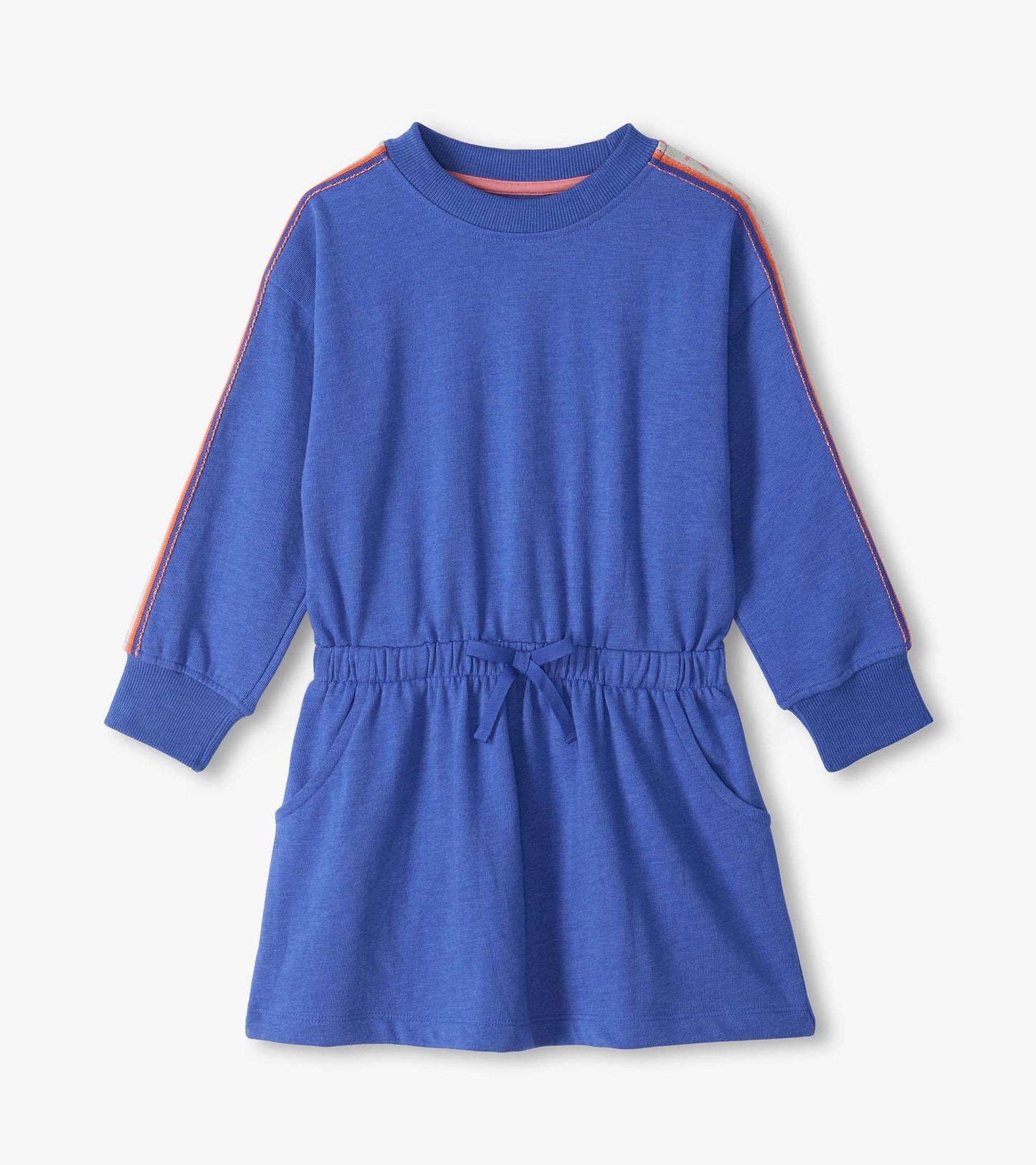 Blue long sleeve dress with ribbon-trim shoulders, elastic drawstring waist, and front pockets
