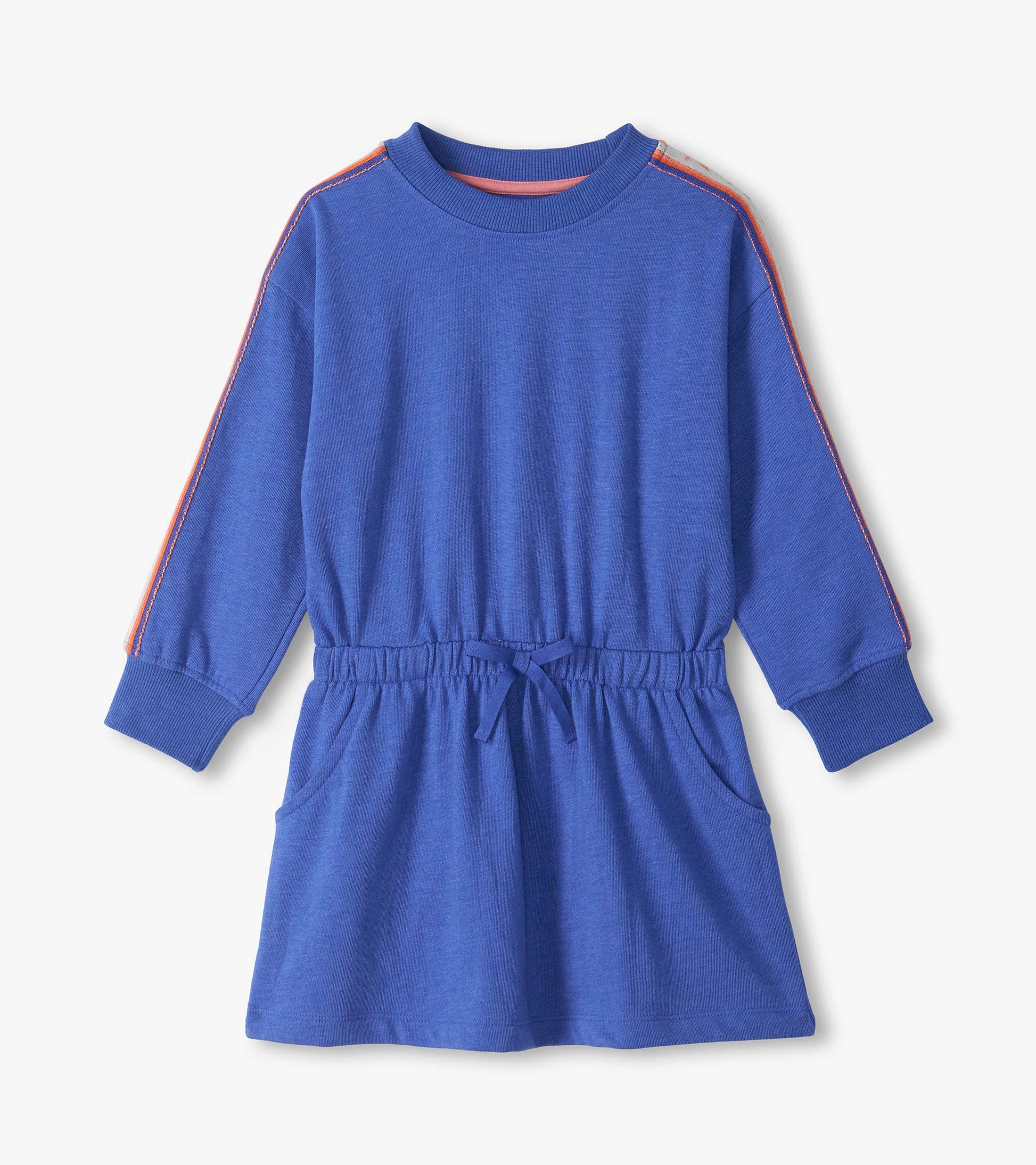 Blue long sleeve dress with ribbon-trim shoulders, elastic drawstring waist, and front pockets