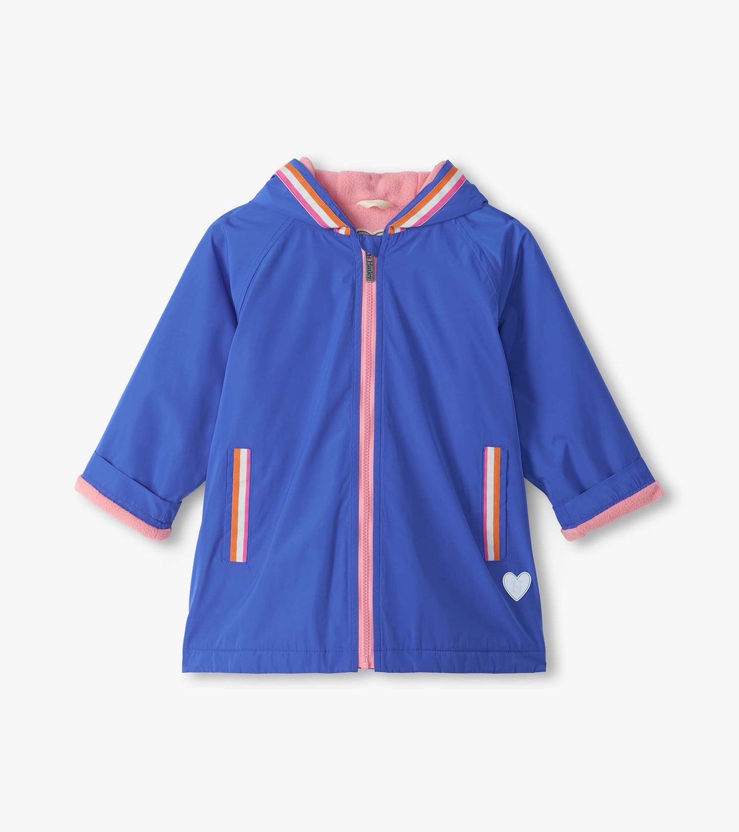 Front view of blue hooded rain jacket with pink zipper, pink lining, striped pocket trim, and heart patch