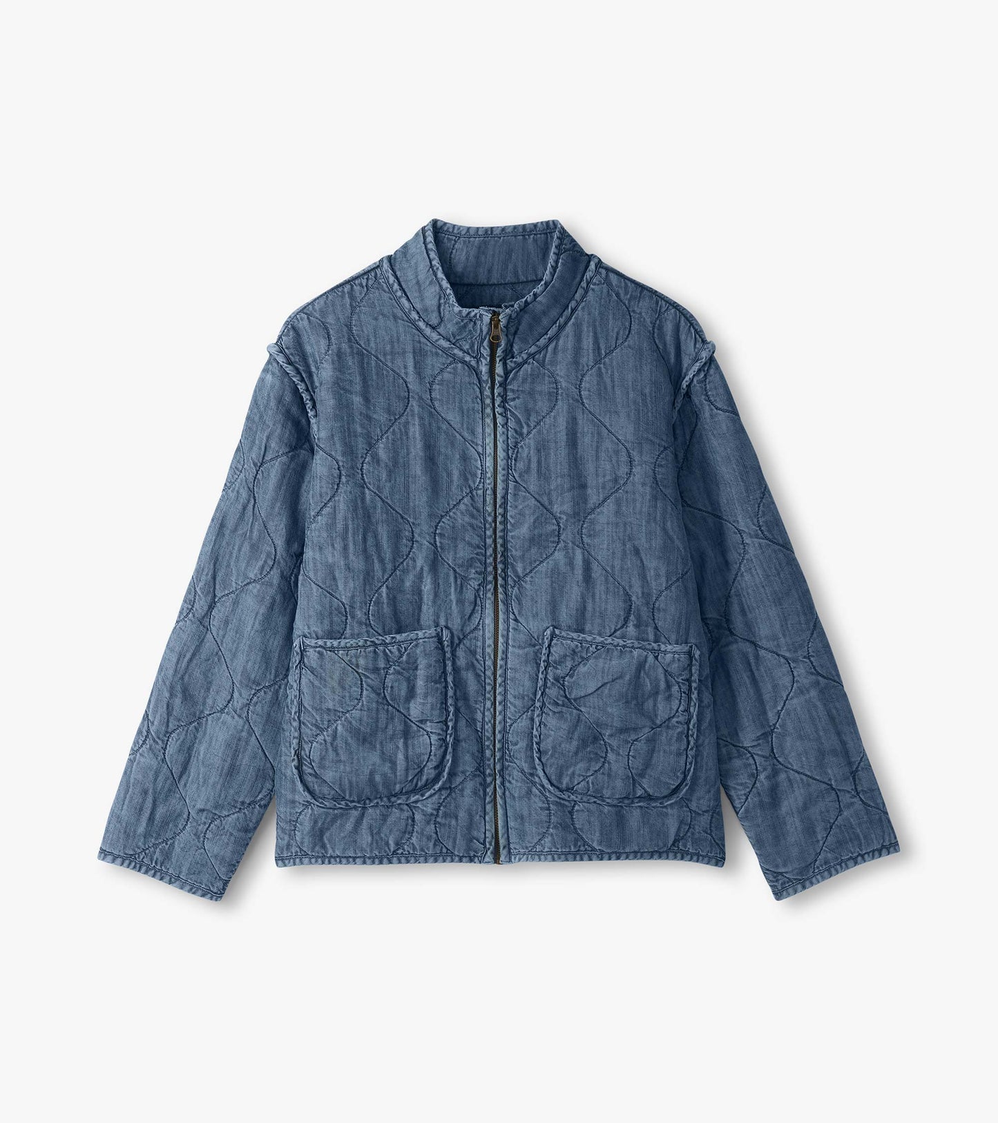 Blue acid rinse quilted jacket laid flat with stand collar, zip front, and two large front patch pockets
