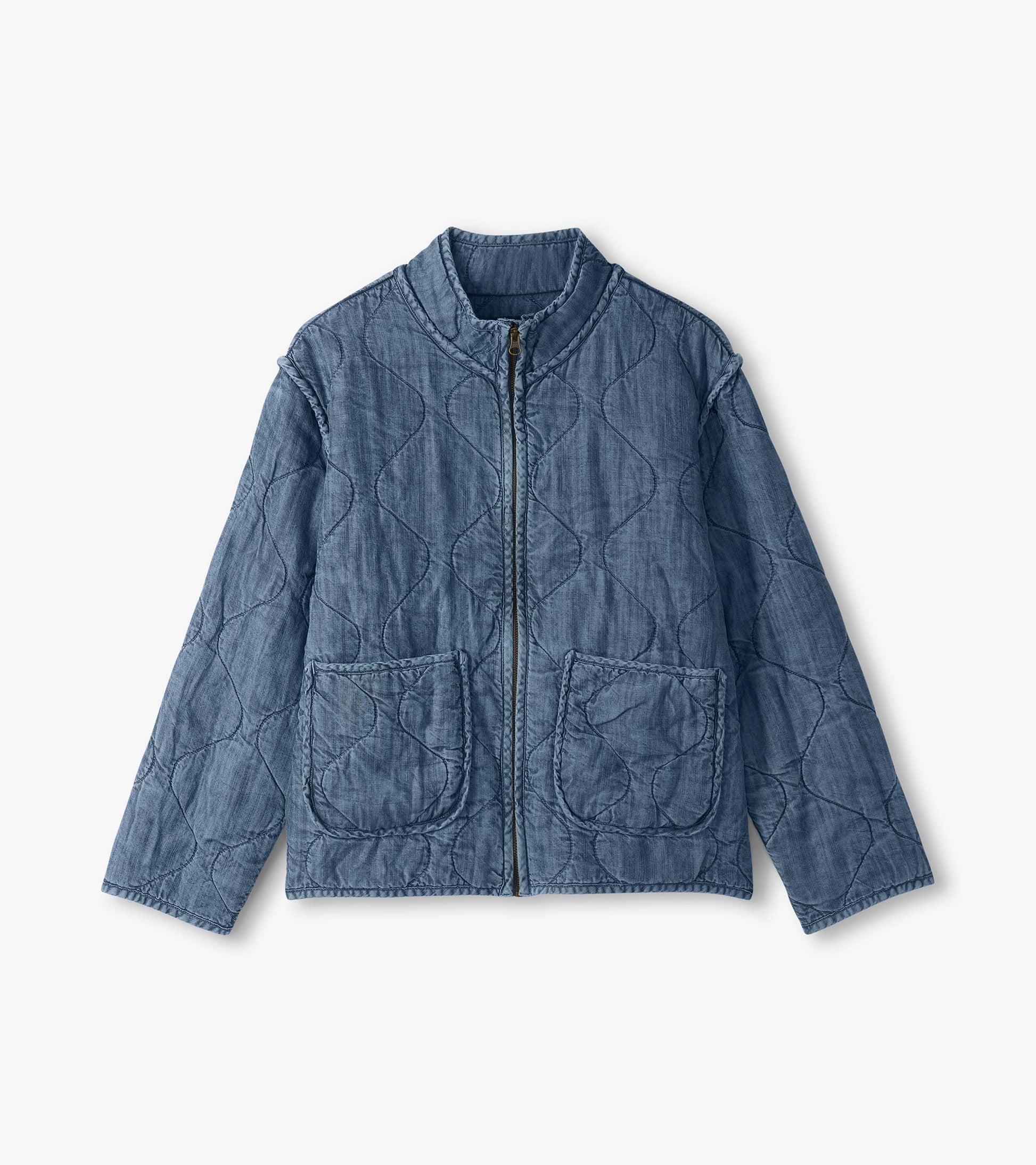 Blue acid rinse quilted jacket laid flat with stand collar, zip front, and two large front patch pockets