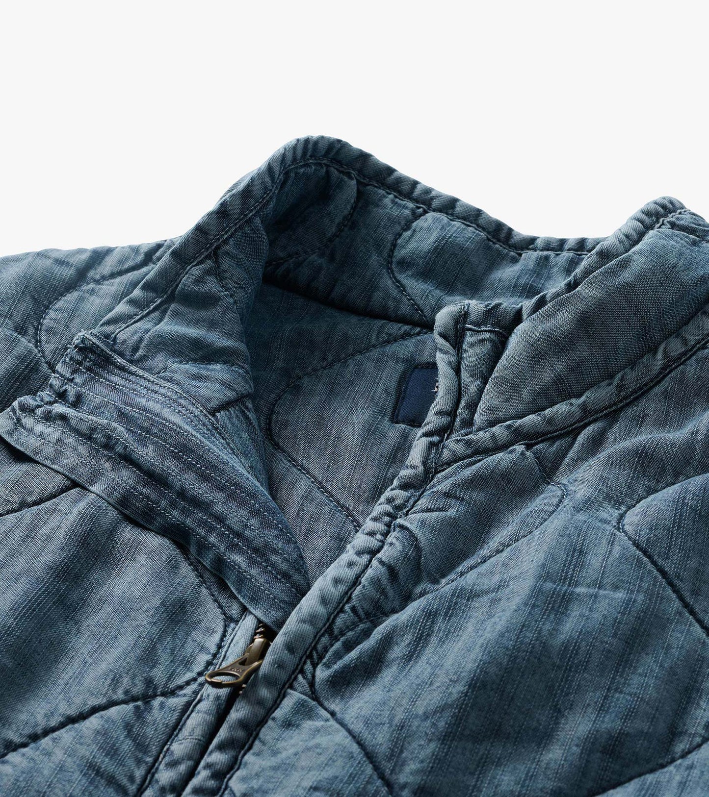 Close-up of blue acid rinse quilted jacket showing stand collar, zipper, and wavy stitched pattern