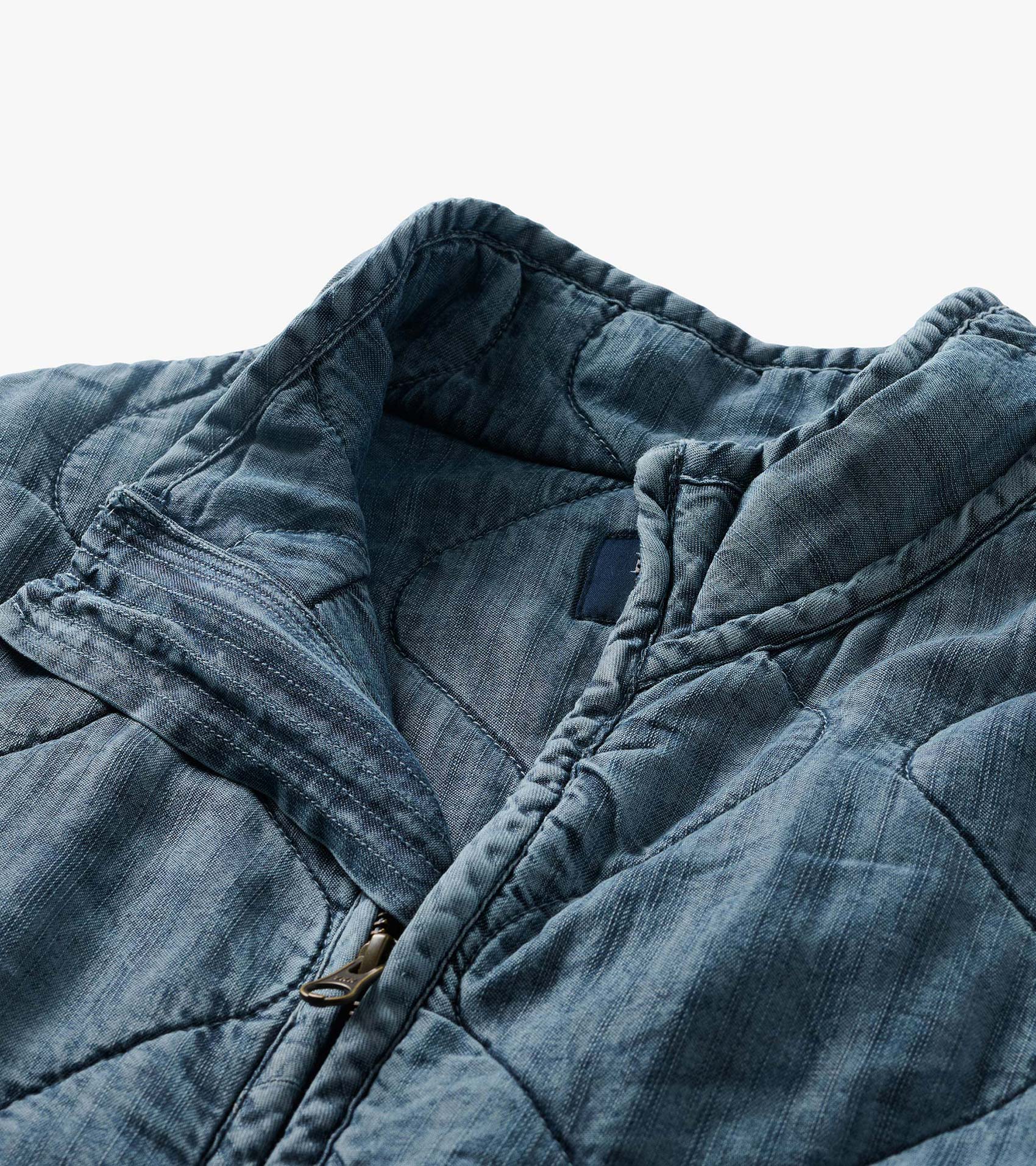 Close-up of blue acid rinse quilted jacket showing stand collar, zipper, and wavy stitched pattern