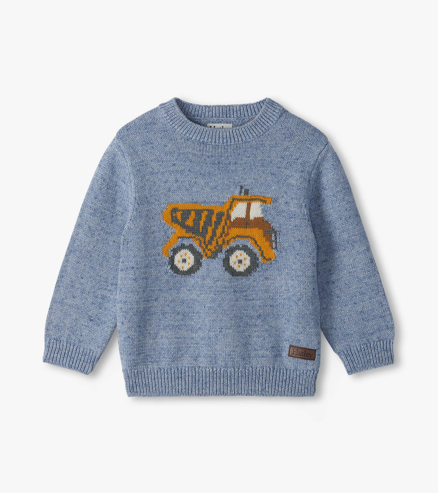 Blue crew neck sweater with a yellow dump truck graphic on the front