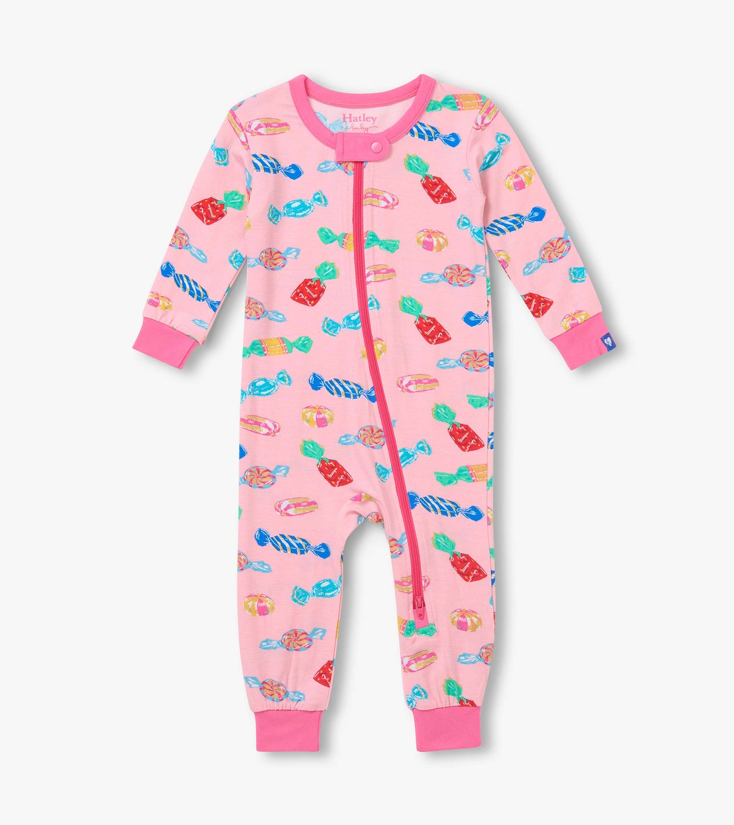 Front view of pink infant coverall with colorful candy print, zipper closure, and bright pink cuffs