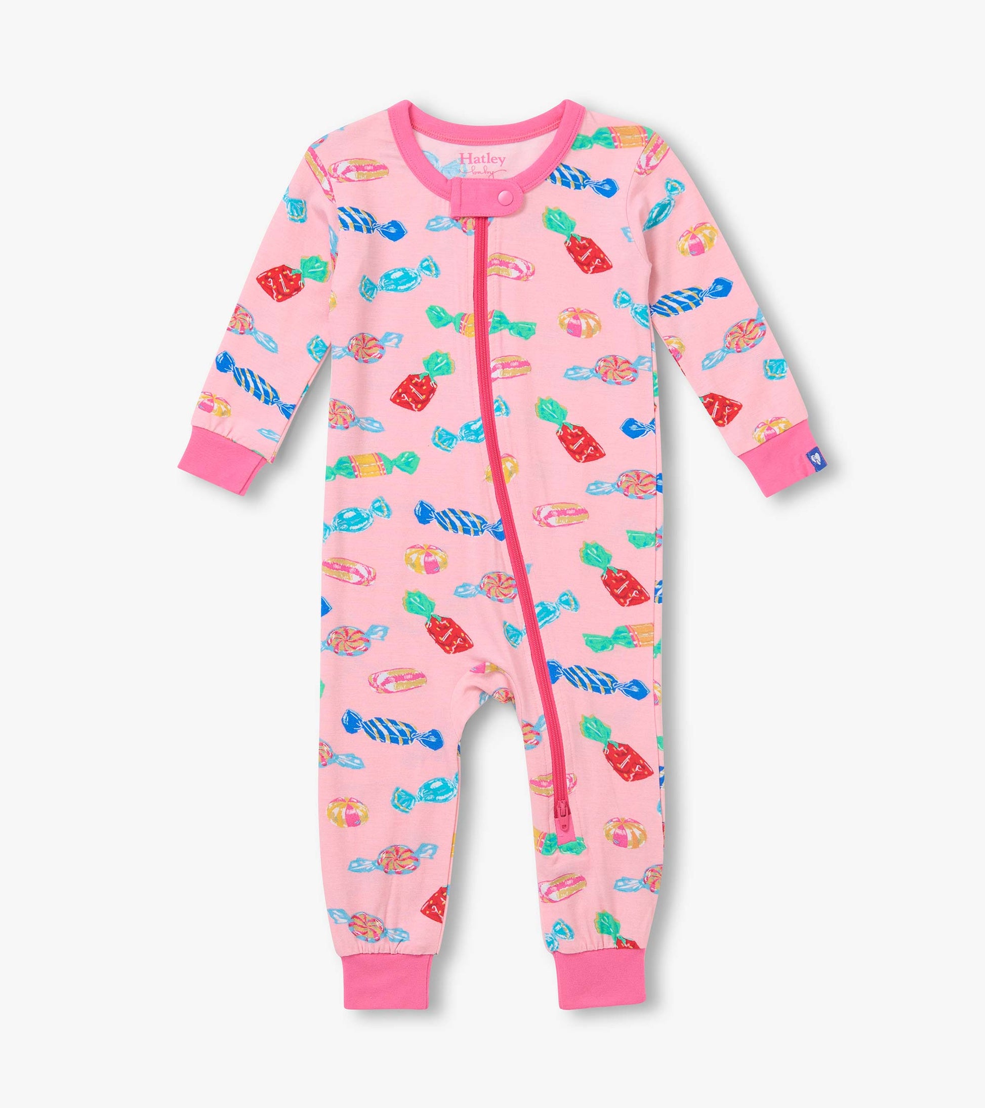 Front view of pink infant coverall with colorful candy print, zipper closure, and bright pink cuffs
