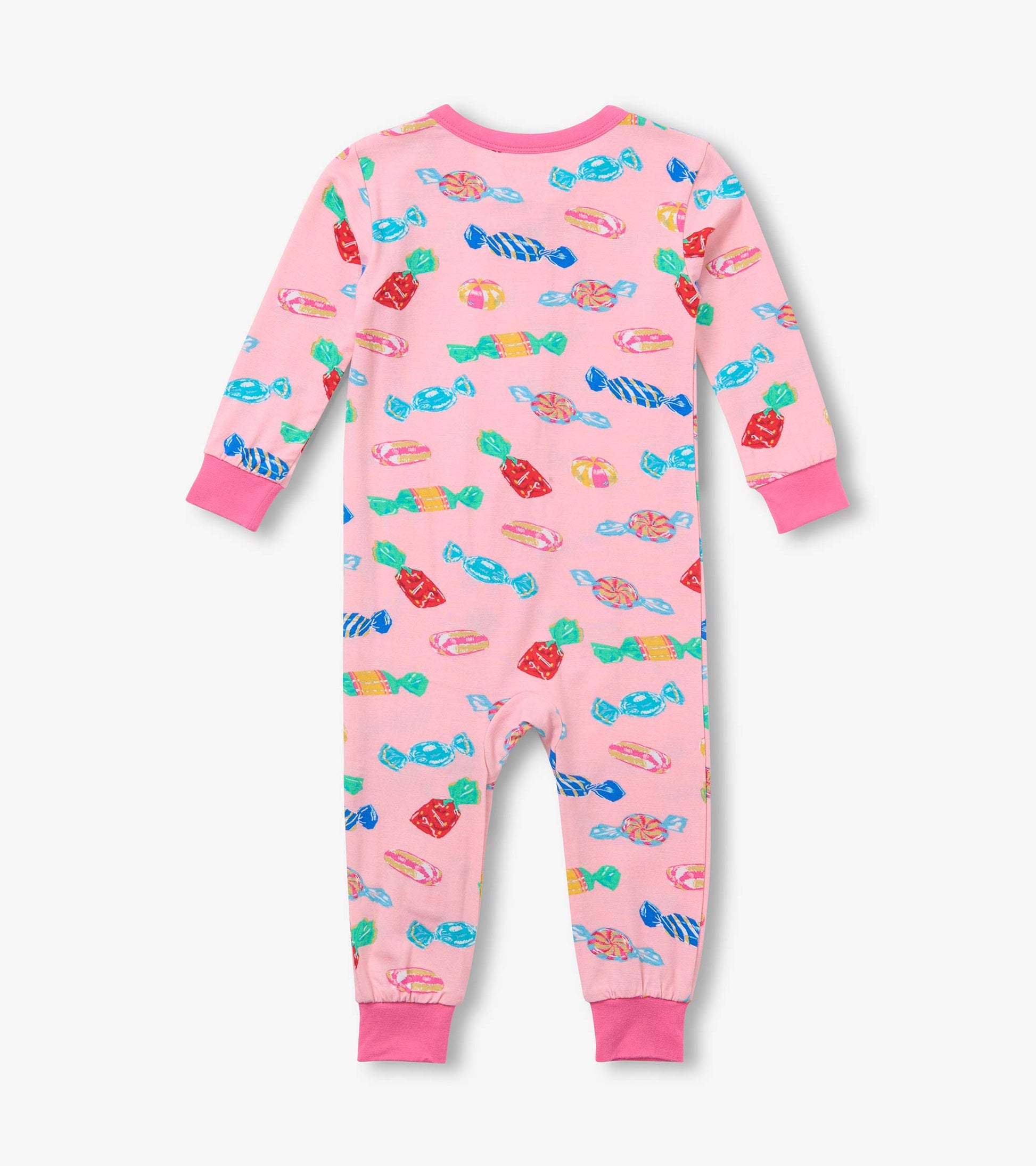 Back view of pink infant coverall with colorful candy print and bright pink cuffs