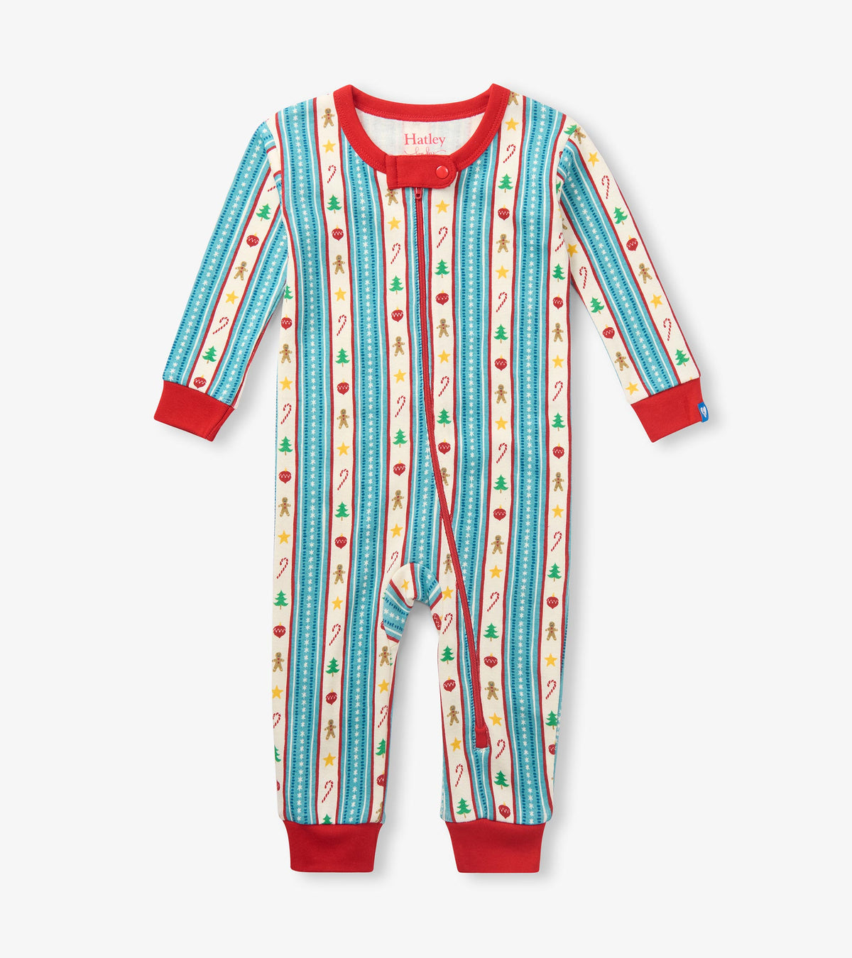 Front view of baby holiday sleeper with red trim, zipper, and striped print with trees, candy canes, ornaments, and gingerbre