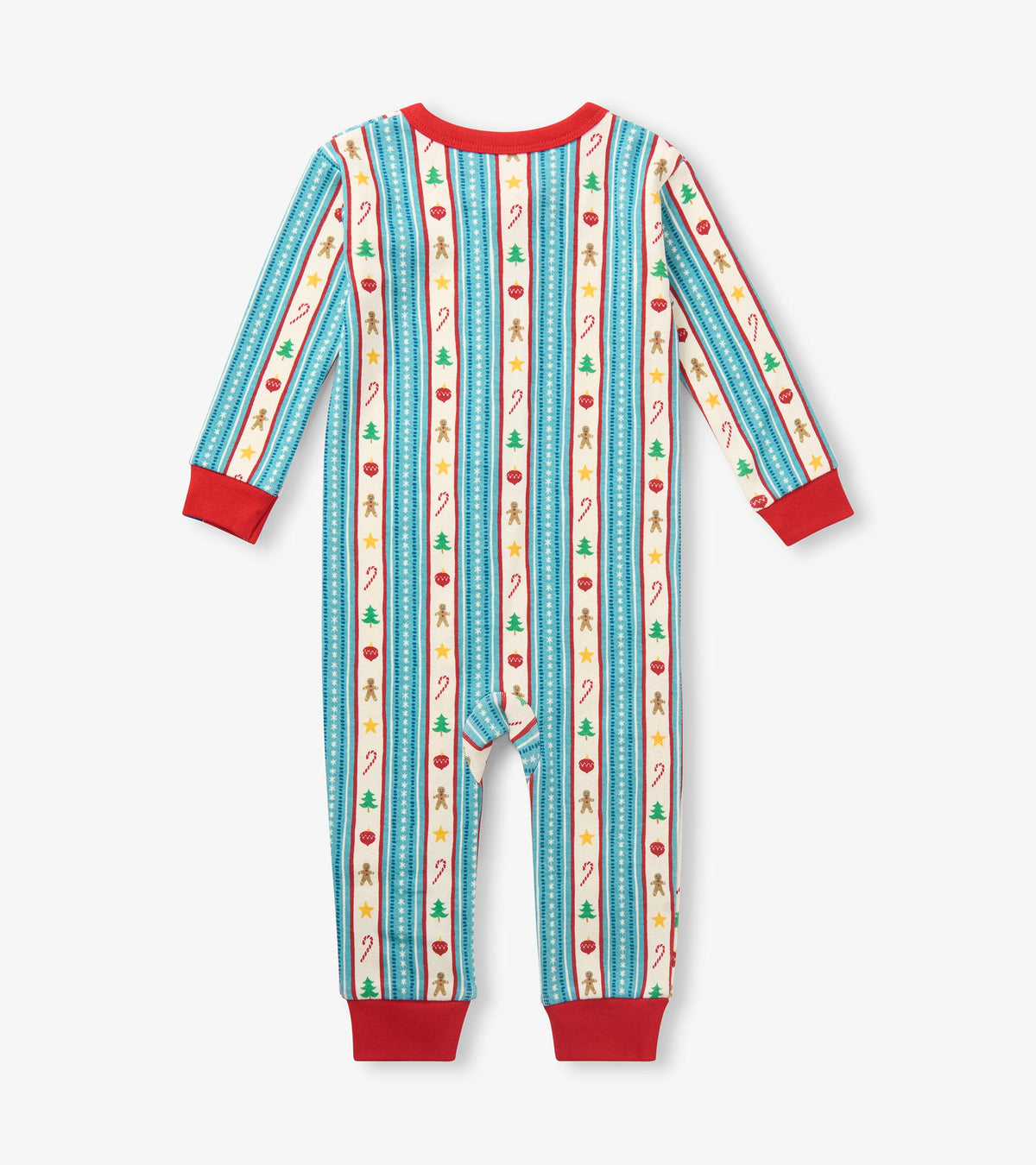 Back view of baby holiday sleeper with red cuffs and striped print with trees, candy canes, ornaments, and gingerbread