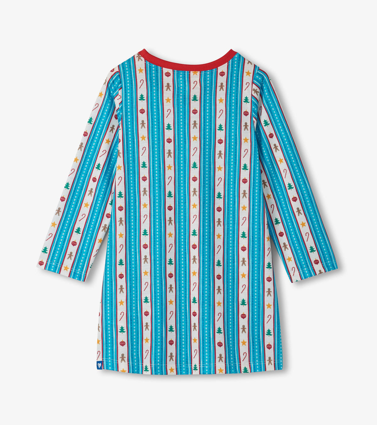 Back view of girls holiday nightdress with red neckline and striped print with trees, candy canes, and gingerbread