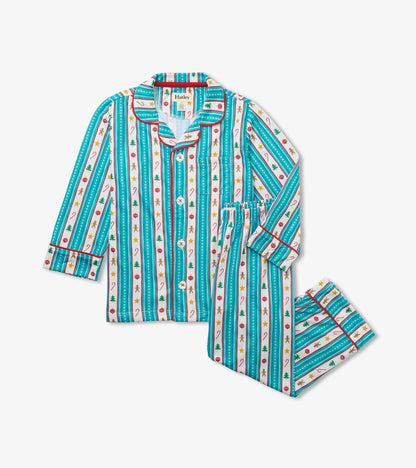 Kids two-piece pajama set with teal holiday stripes, button-front top, and matching pants